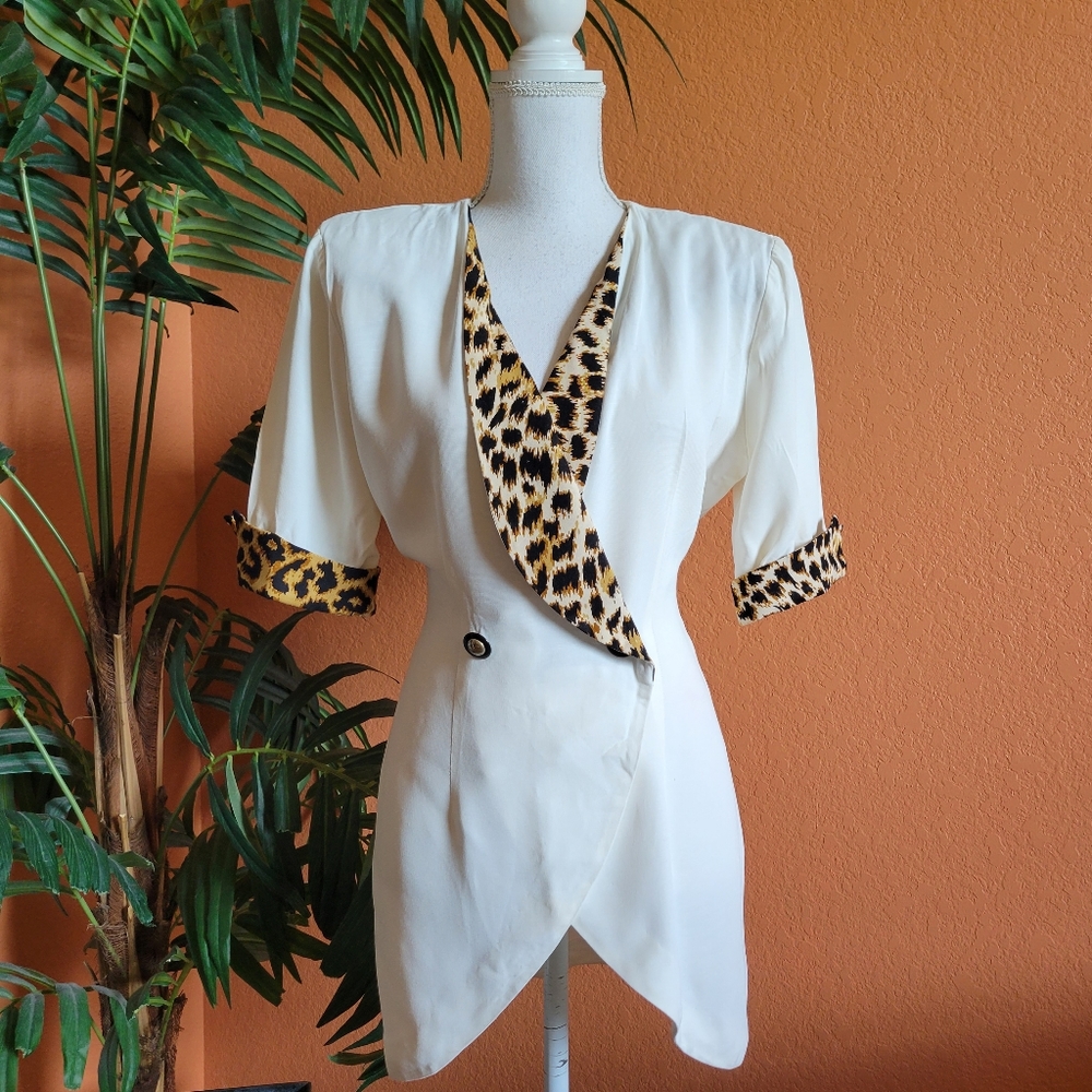 Vintage Brett Alixander Top Blazer Animal Print Leopard 10 Cream Buttons
